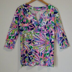 Lilly Pulitzer Floral Tunic Top V-neck Stretchy Purple Pink Green Blue Small